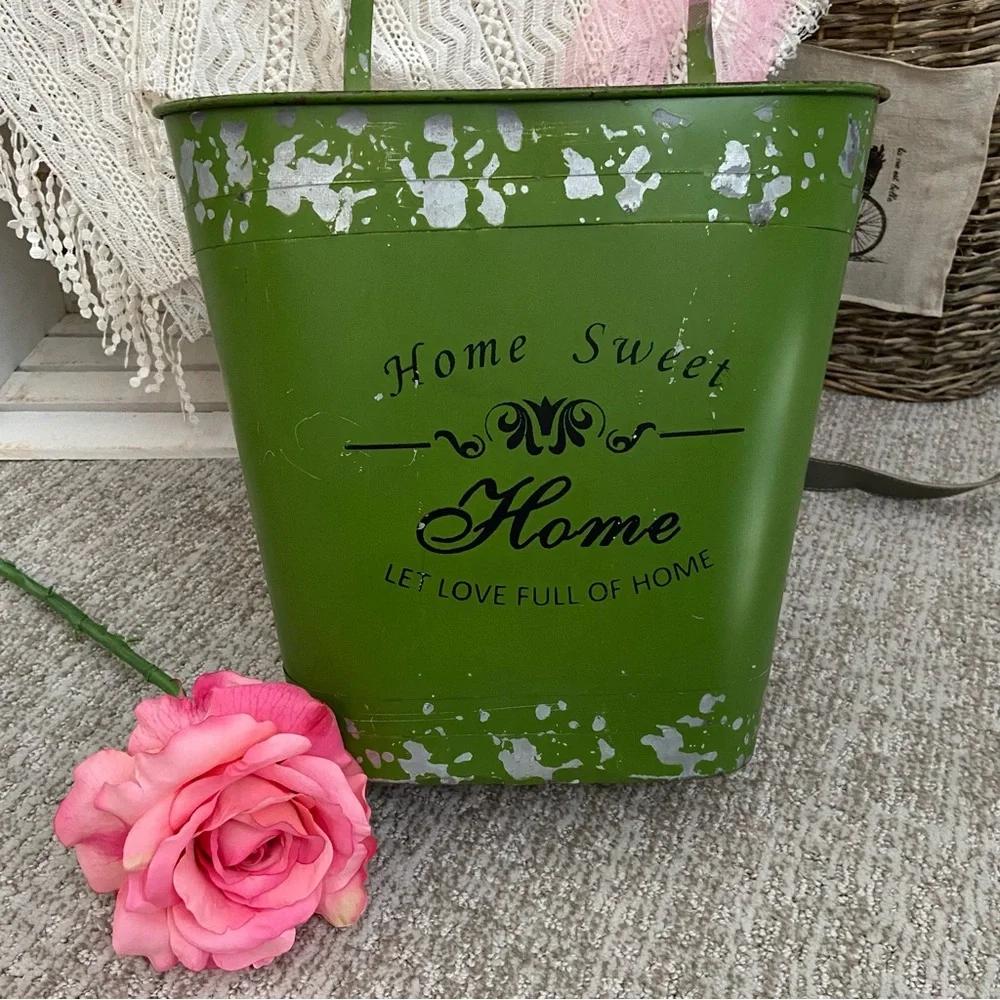 Vintage Chippy Metal Floral Container with Handle